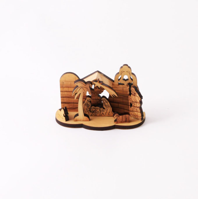Hand Carved Olive Wood Nativity Scene Grotto Ornament - Small