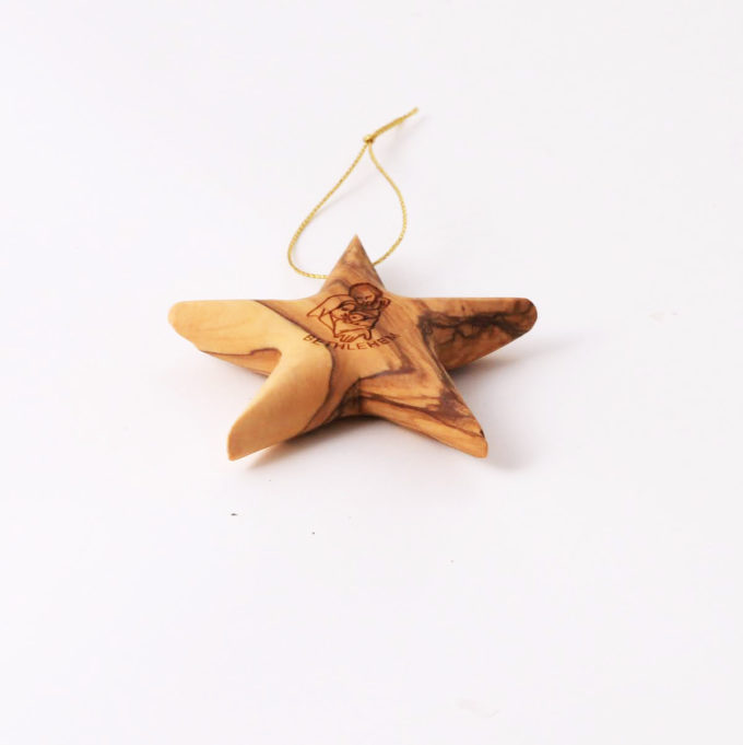 Hand Carved Olive Wood “Star of Bethlehem” Ornament with Engraved Holy Family