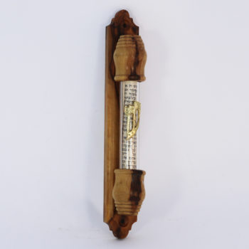Olive Wood Mezuzah containing transparent glass case and printed scroll