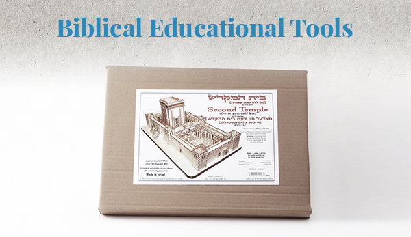 An image depicting a product category page for Biblical Educational Tools product, where a brown boxed second temple model kit is layed on a white-brown backgound